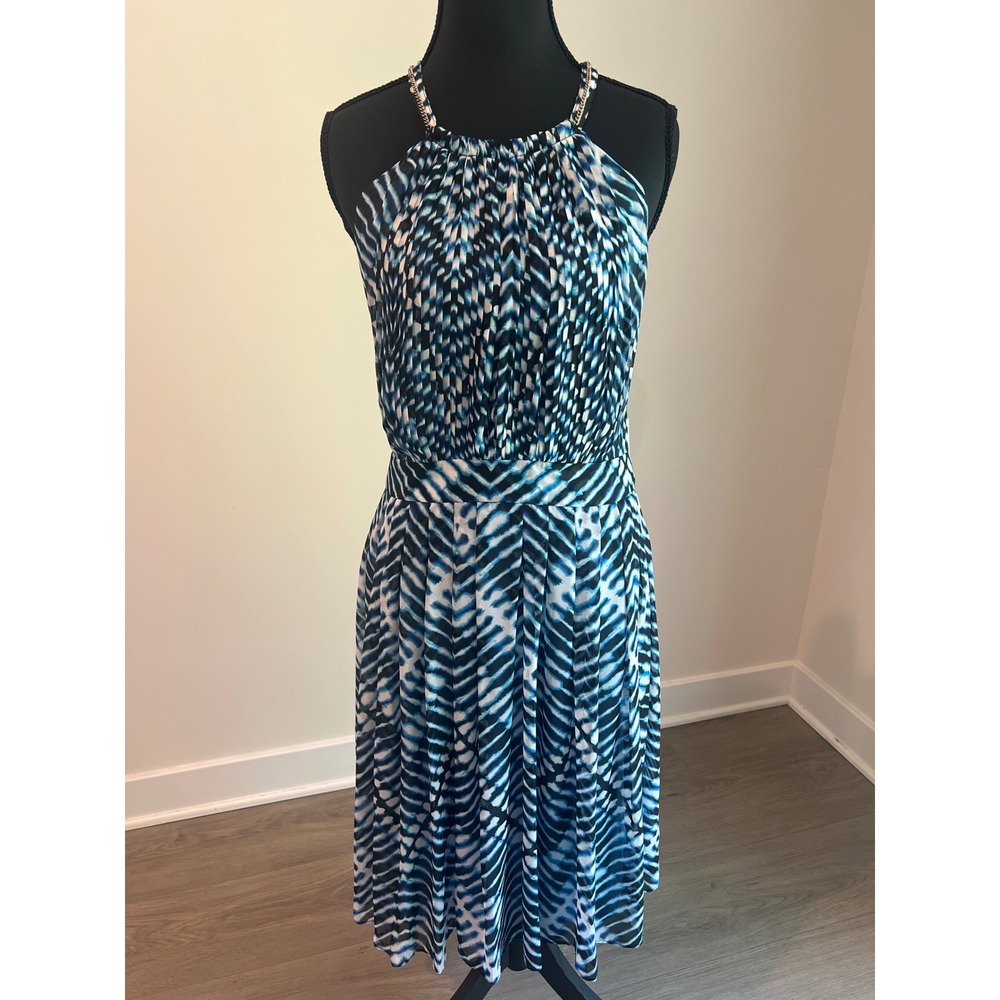 Calvin Klein Halter Dress Adriatic Blue Multi Chain Strap Pleated Size‎ 12 NWT